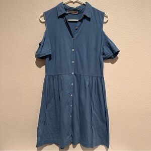 Johnny Was Blue Cold Shoulder Button Down Dress SZ S